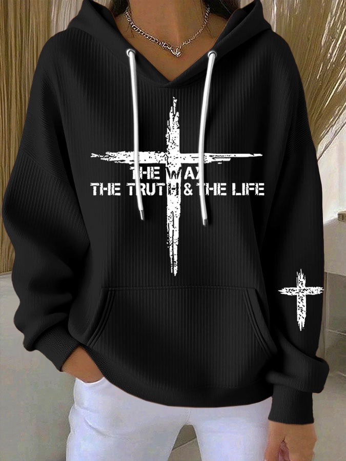 Women's Casual Retro Jesus The Way Truth Life Faith Ribbed Sweatshirt