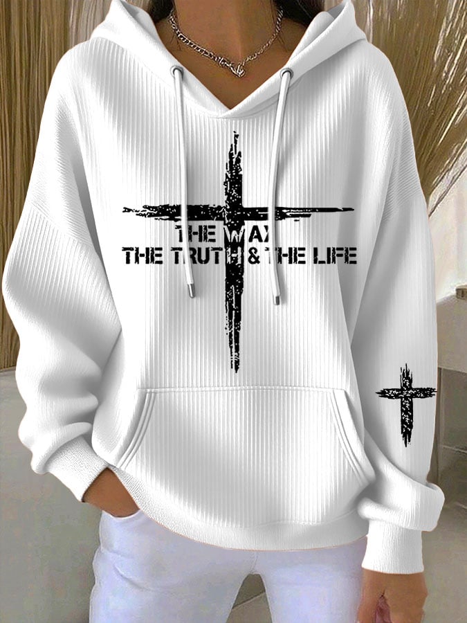 Women's Casual Retro Jesus The Way Truth Life Faith Ribbed Sweatshirt