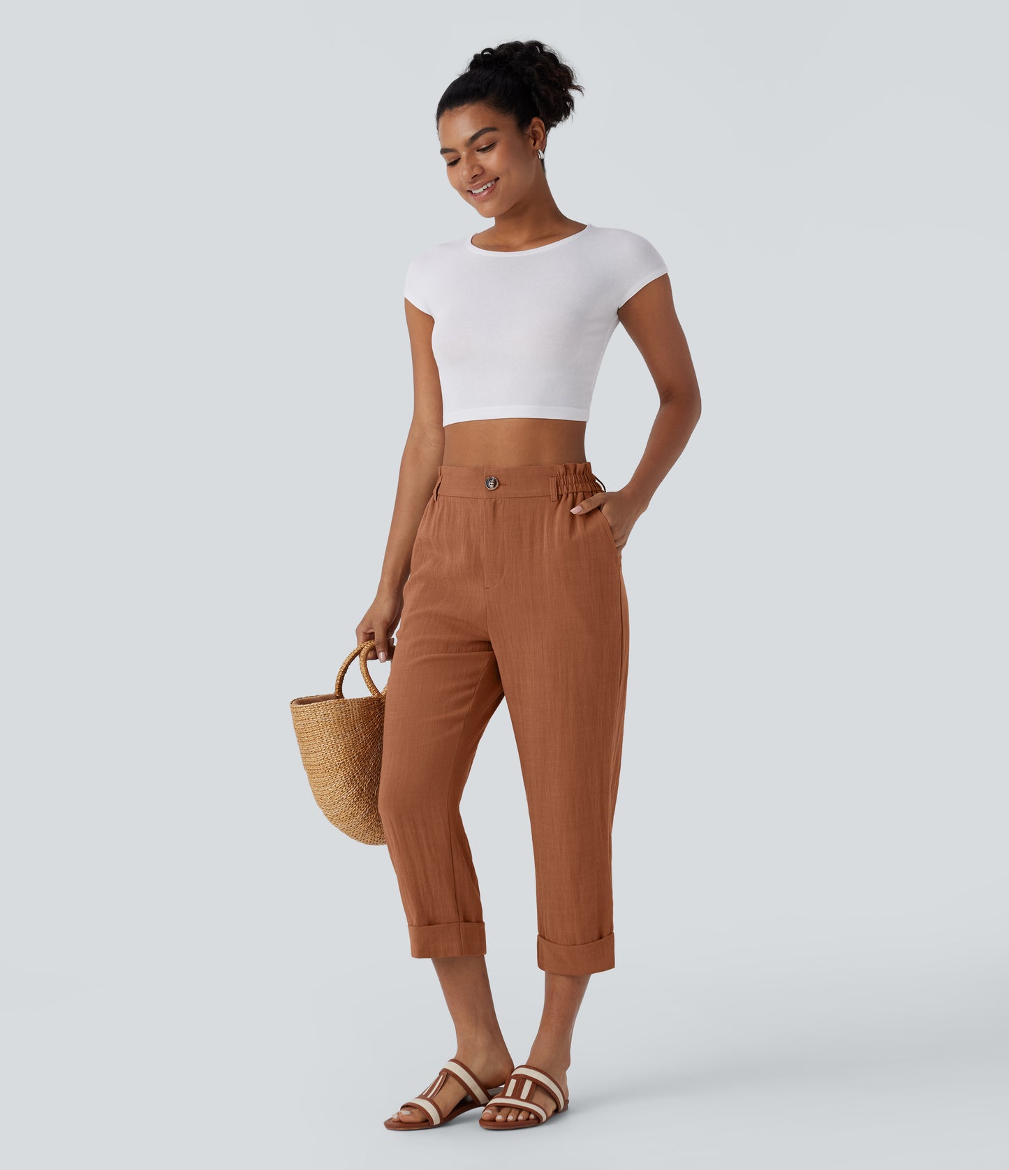 High Waisted Button Zipper Side Pocket Capri Resort Linen-Feel Pants