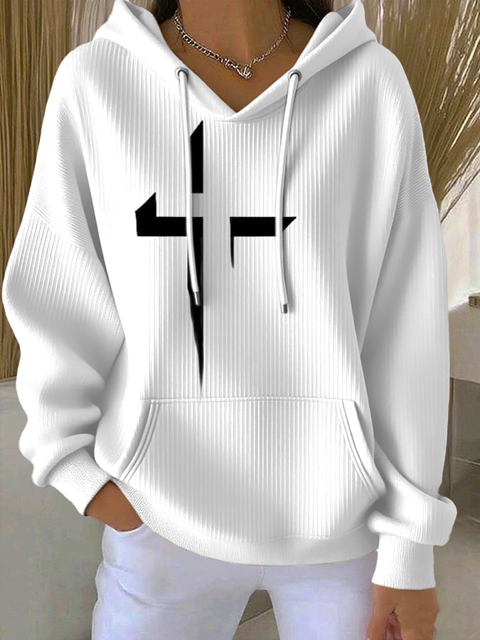 Women's Casual Retro Faith Contrast Color Textured Hoodie