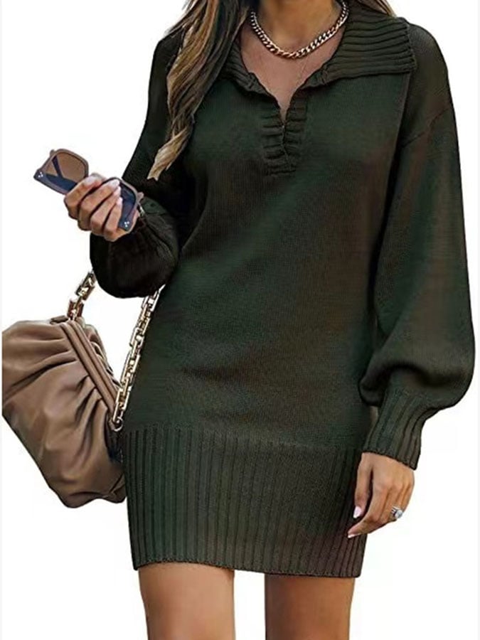 Lapel Balloon Sleeve Pullover Loose Knit Sweater