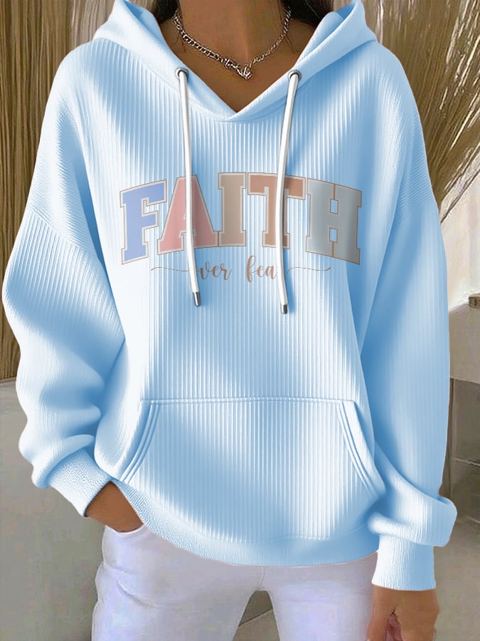 Women's casual vintage faith overcomes fear textured hoodie