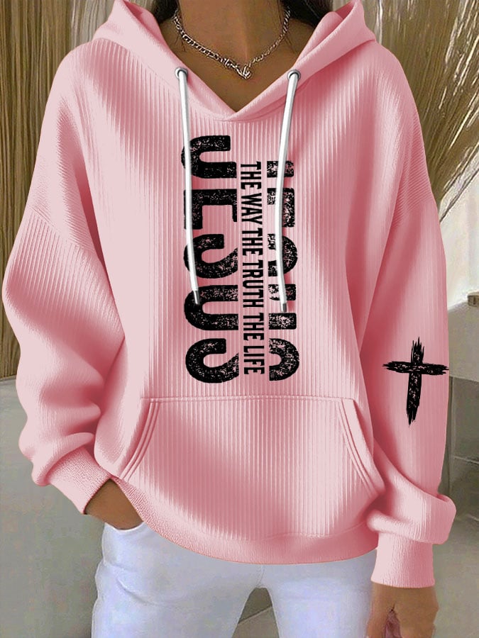 Women's Casual Retro Jesus The Way Truth Life Faith Ribbed Sweatshirt