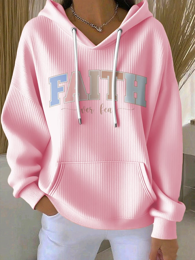 Women's casual vintage faith overcomes fear textured hoodie