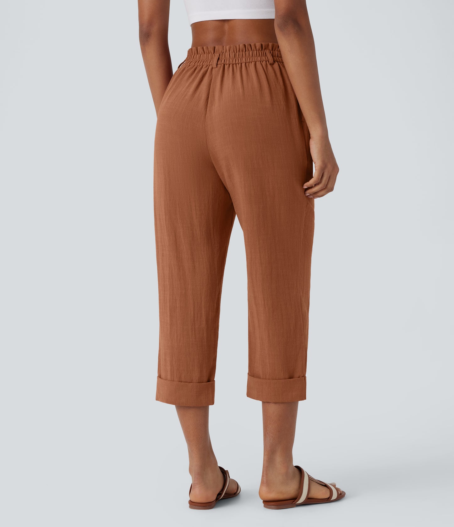 High Waisted Button Zipper Side Pocket Capri Resort Linen-Feel Pants