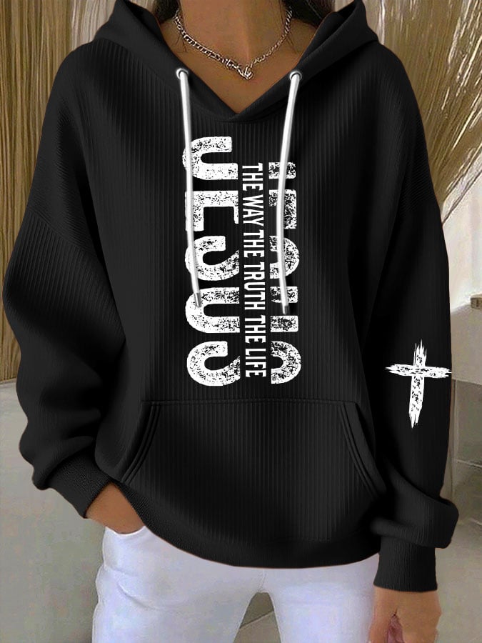 Women's Casual Retro Jesus The Way Truth Life Faith Ribbed Sweatshirt