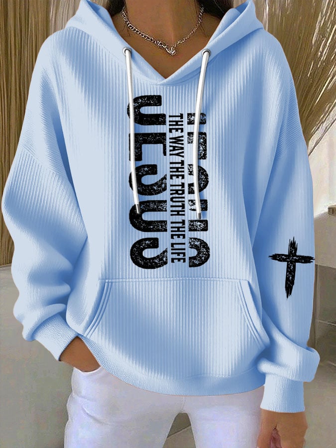 Women's Casual Retro Jesus The Way Truth Life Faith Ribbed Sweatshirt