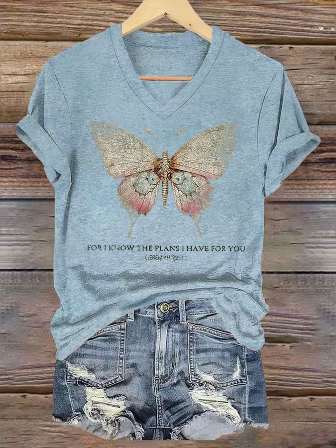 Women's Casual Faith Butterfly Letters Printed Short Sleeve T-Shirt