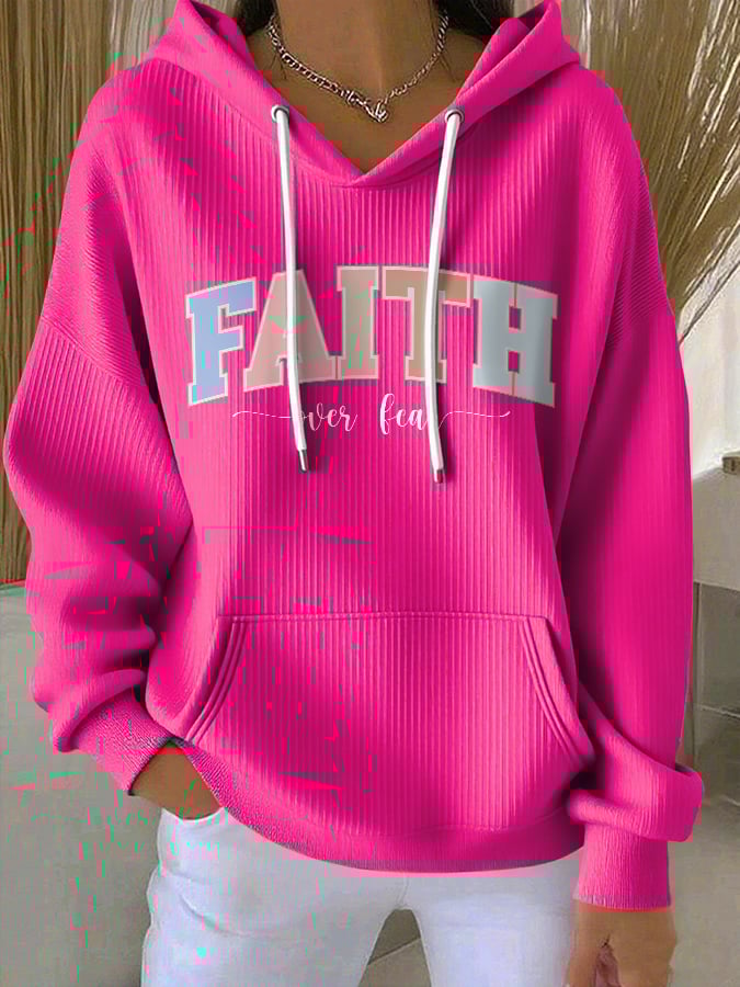 Women's casual vintage faith overcomes fear textured hoodie