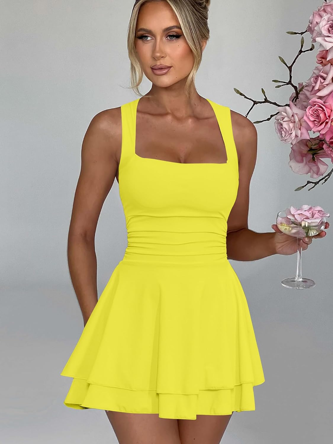 Women's Square Neck Ruffle Hem Mini Dress