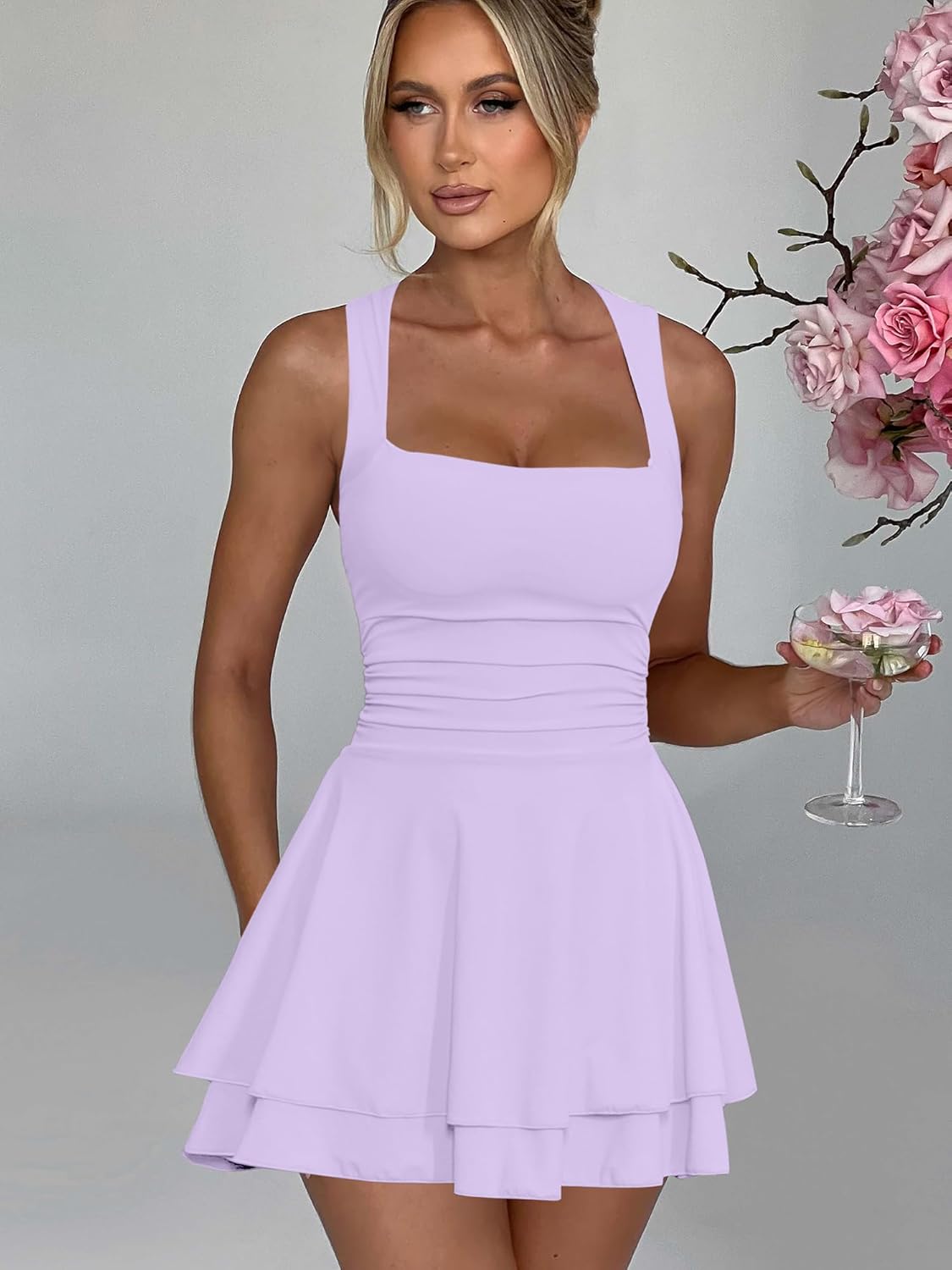 Women's Square Neck Ruffle Hem Mini Dress
