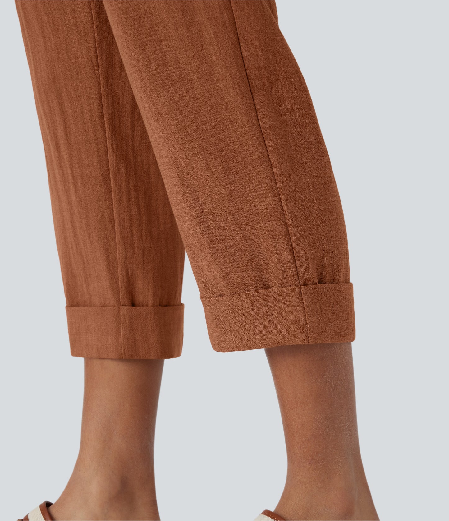 High Waisted Button Zipper Side Pocket Capri Resort Linen-Feel Pants