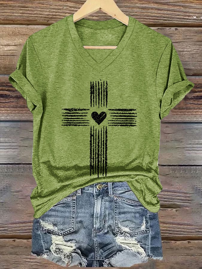Women's Casual Christian Faith Graphic Print V-Neck Short Sleeve T-Shirt