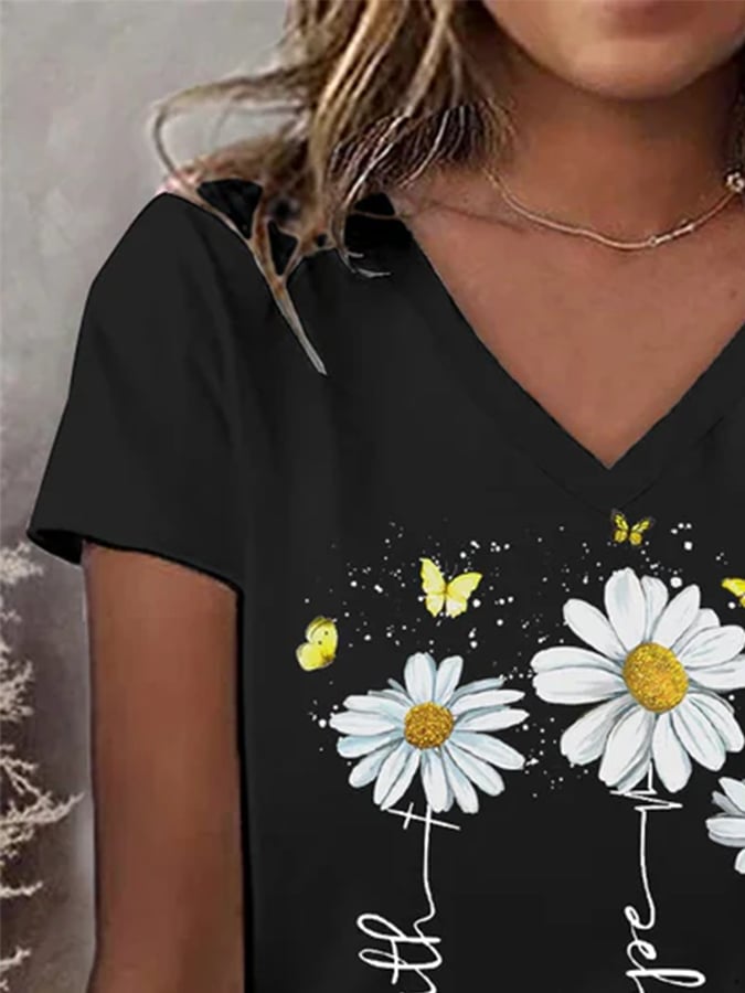 Women's Faith Casual Daisy Butterfly Lettering Printed Round Neck Short Sleeve T-Shirt