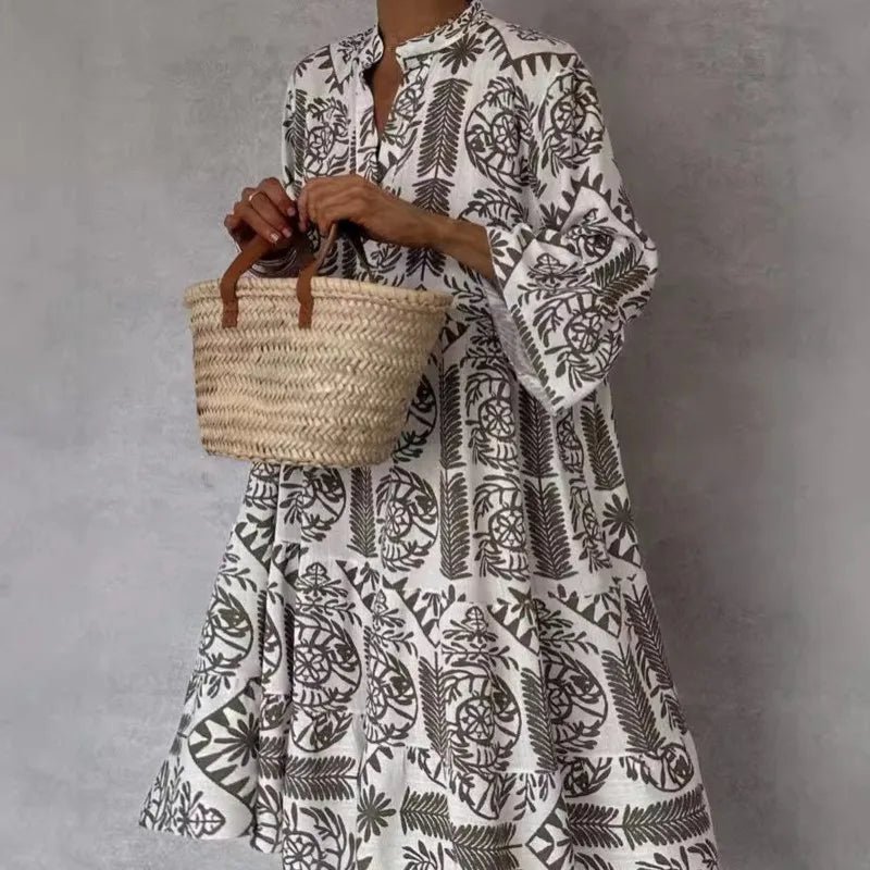 Millie - Printed V-Neck A-Line Skirt Dress
