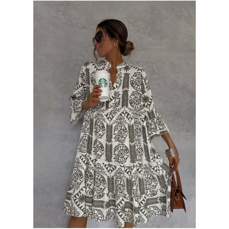 Millie - Printed V-Neck A-Line Skirt Dress
