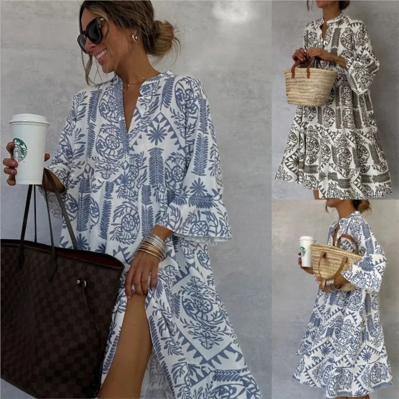 Millie - Printed V-Neck A-Line Skirt Dress