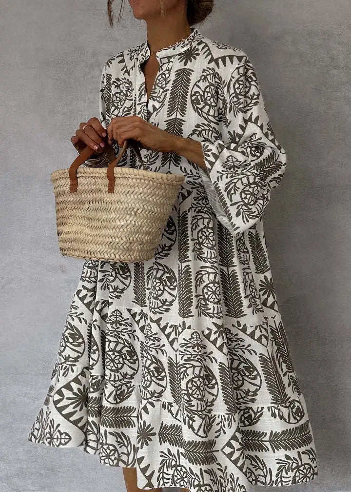 Millie - Printed V-Neck A-Line Skirt Dress