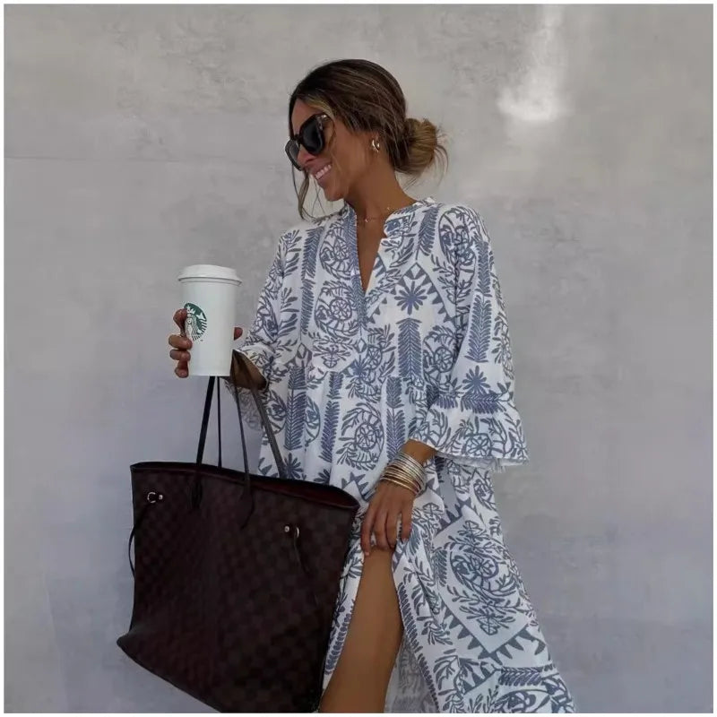 Millie - Printed V-Neck A-Line Skirt Dress