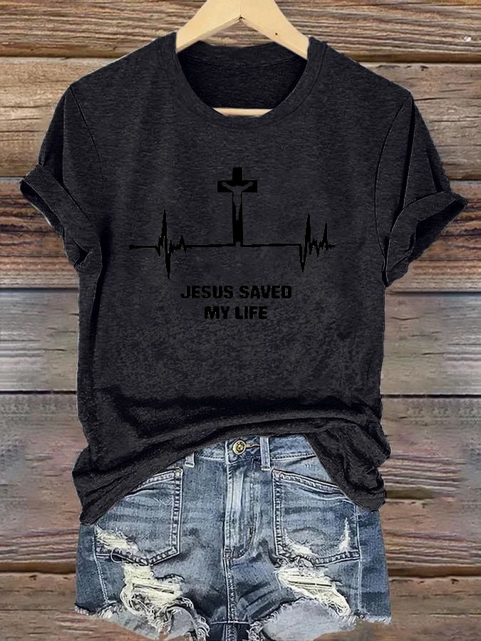 Women's casual Jesus faith cross ECG letter print T-shirt