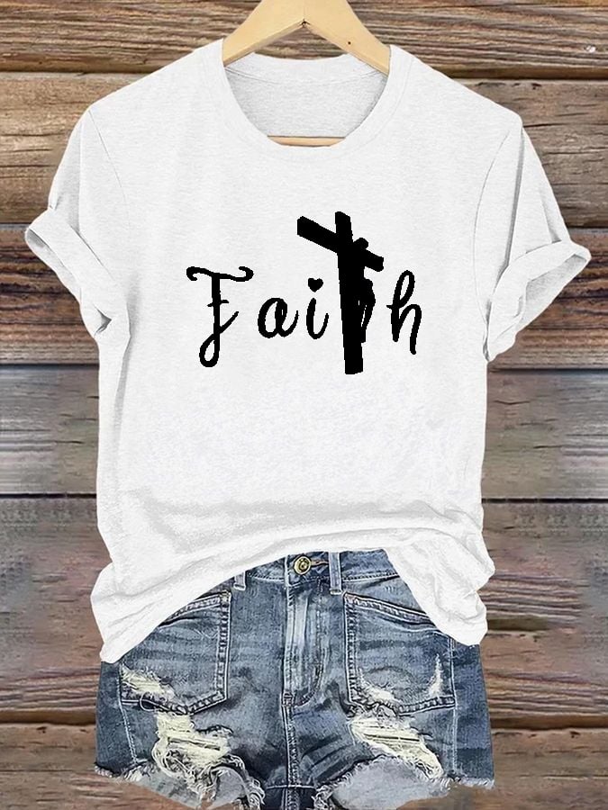 Women's Casual Christian Faith Letters Printed Round Neck Short Sleeve T-Shirt