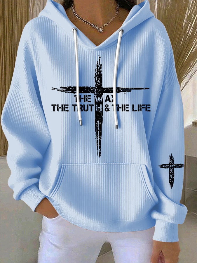 Women's Casual Retro Jesus The Way Truth Life Faith Ribbed Sweatshirt