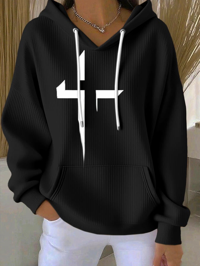 Women's Casual Retro Faith Contrast Color Textured Hoodie
