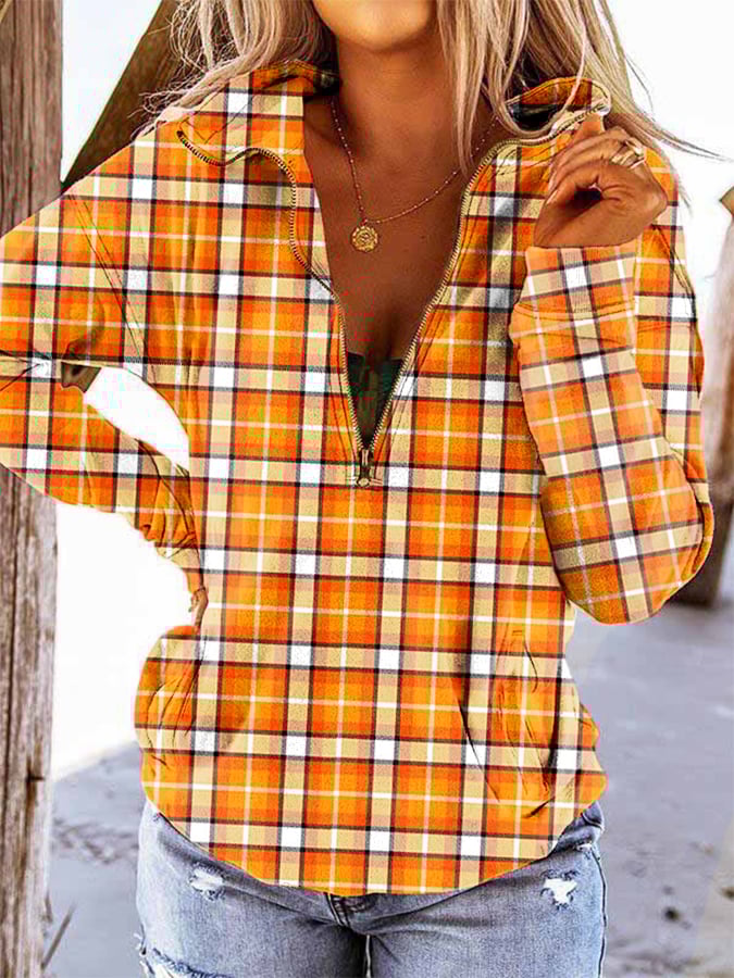 Women's Autumn Check Print Zipper Pocket Sweatshirt