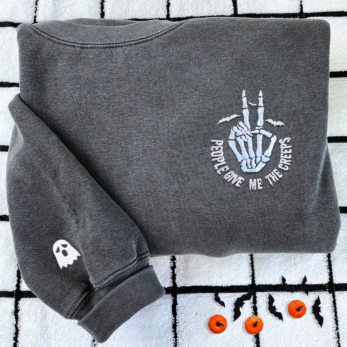 Embroidered Halloween People Give Me The Creeps Skeleton Hand T-Shirt or Sweatshirt