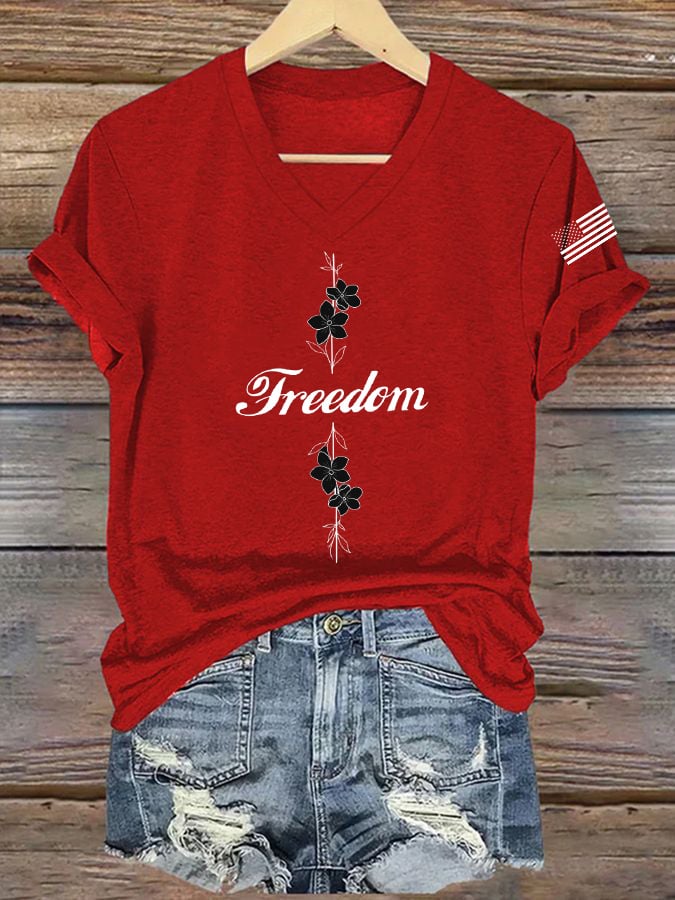 Women's Commemorative Print V Neck T-shirt