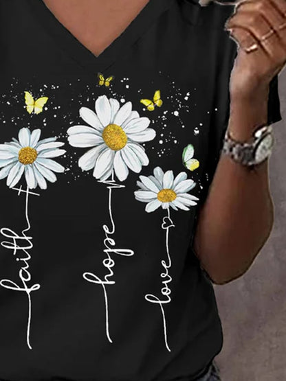 Women's Faith Casual Daisy Butterfly Lettering Printed Round Neck Short Sleeve T-Shirt