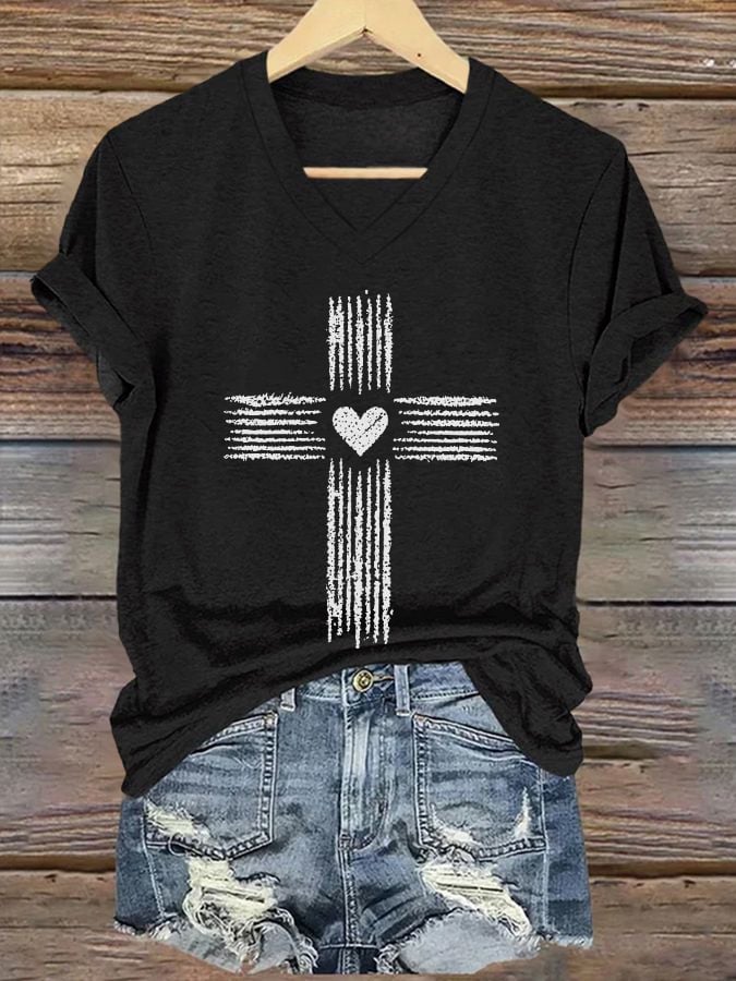 Women's Casual Christian Faith Graphic Print V-Neck Short Sleeve T-Shirt