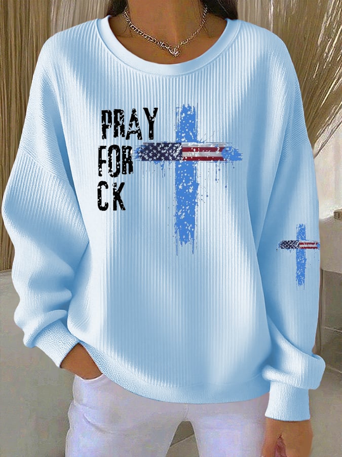 Women's Pray for Charlie  Print Knit Crew Neck Long Sleeve Top