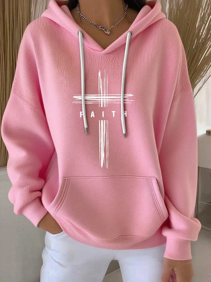 Women's Retro Faith Print Casual Hooded Sweatshirt