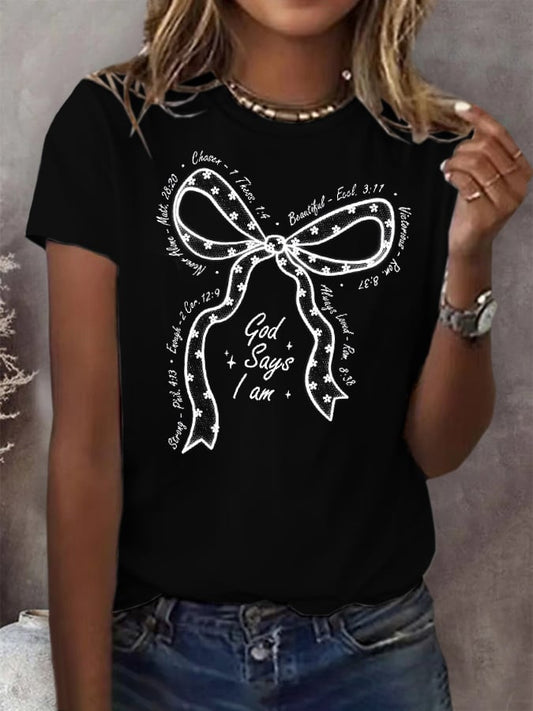 Women's Christian Lace Bow Short Sleeve Top