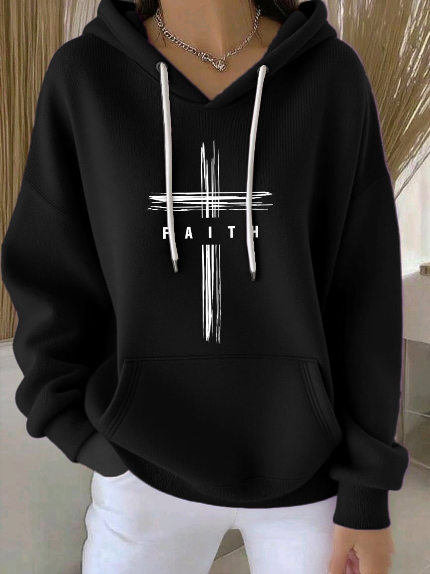 Women's Retro Faith Print Casual Hooded Sweatshirt