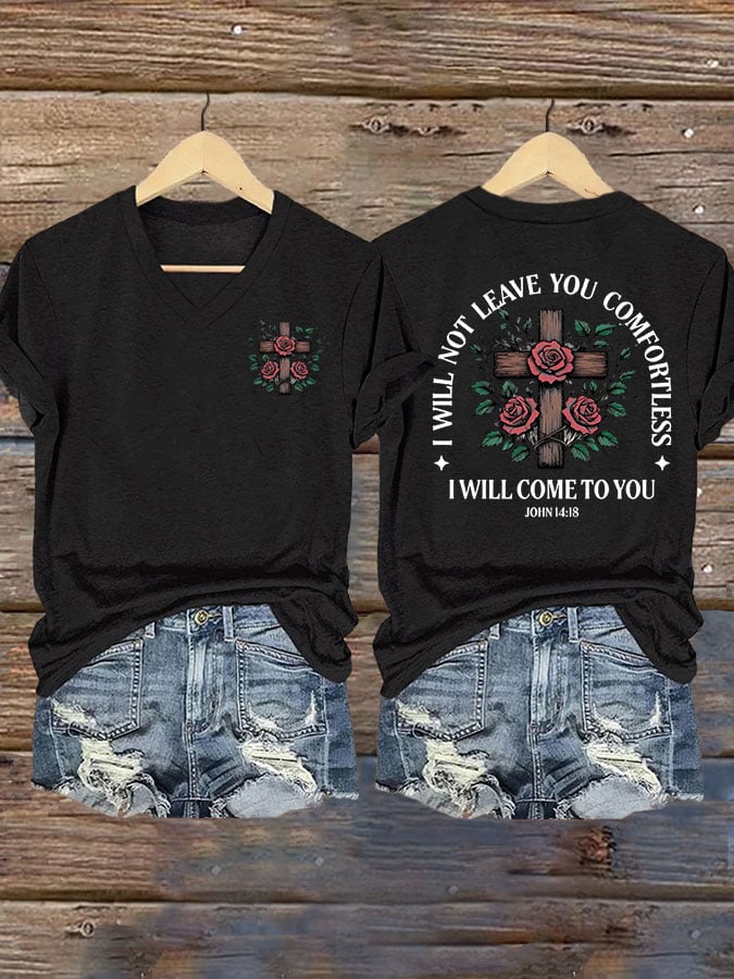 Women's faith cross printed V-neck T-shirt