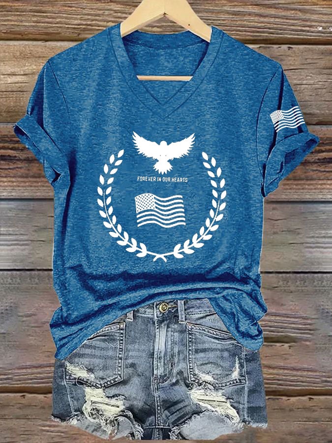 Women's Commemorative Print V Neck T-shirt