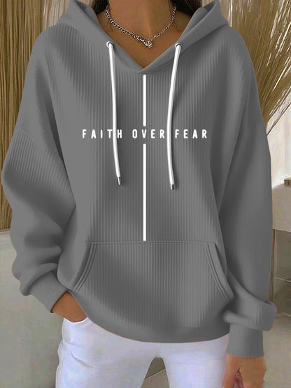 Women's Vintage Faith Faith Over Fear Printed Casual Ribbed Hoodie