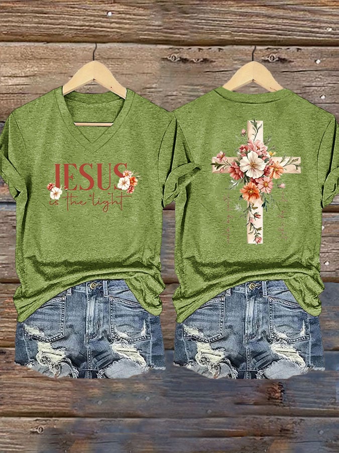 Women's Faith Floral Cross JESUS IN THE LIGHT Printed V-Neck T-Shirt
