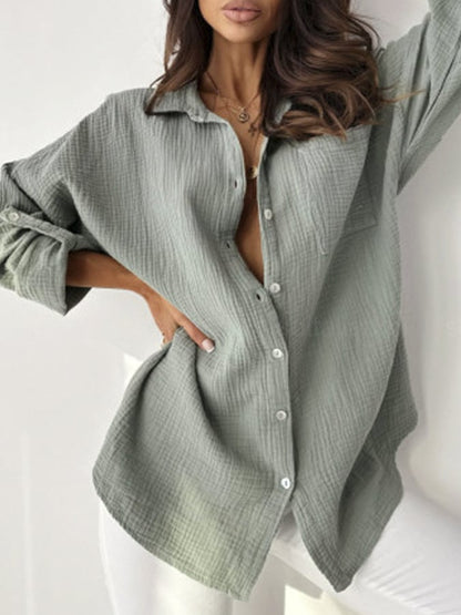 Fashion Solid Color Button Up Loose Rolled-up Sleeve Casual Shirt