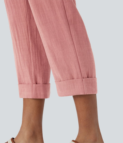 High Waisted Button Zipper Side Pocket Capri Resort Linen-Feel Pants