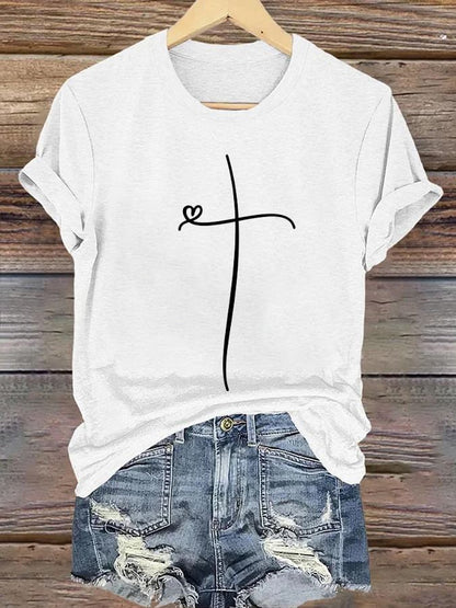 Womens Retro Faith Cross Print T-Shirt