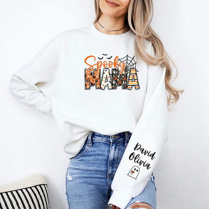 Spooky Mama-Halloween Mama Sweatshirt with Kids Name on Sleeve