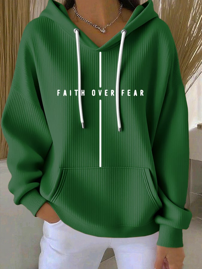 Women's Vintage Faith Faith Over Fear Printed Casual Ribbed Hoodie