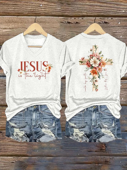 Women's Faith Floral Cross JESUS IN THE LIGHT Printed V-Neck T-Shirt