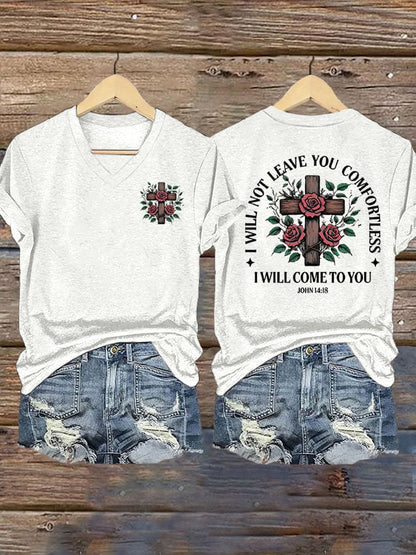 Women's faith cross printed V-neck T-shirt