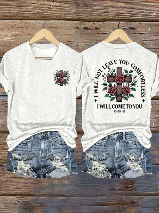 Women's faith cross printed V-neck T-shirt