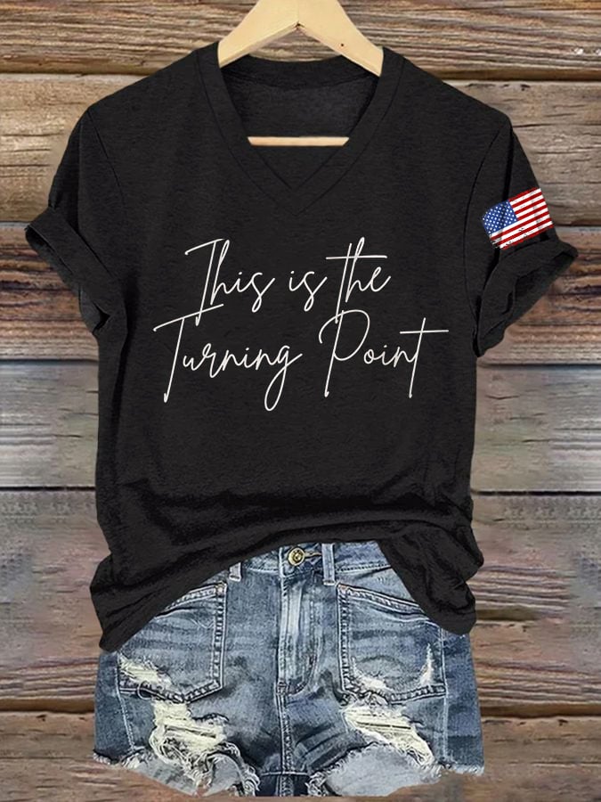 V-Neck Retro This Is The Turning Point Print T-Shirt