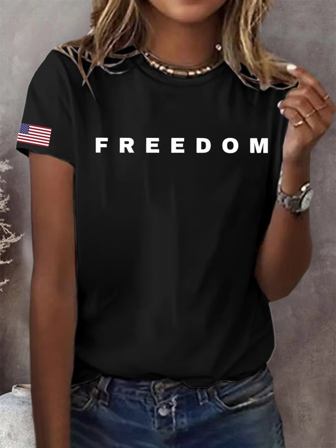 Women's Freedom American Flag Print Casual T-shirt